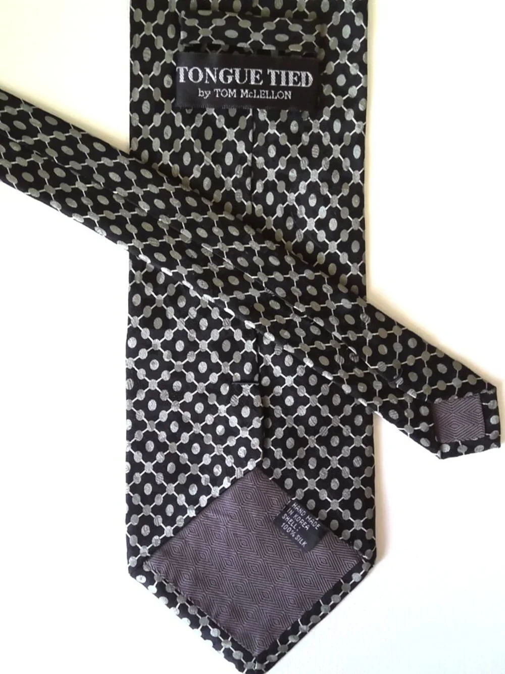 Tongue Tied by Tom McLellon Silk Neck Tie Black & Silver Quatrefoil Hand Made
